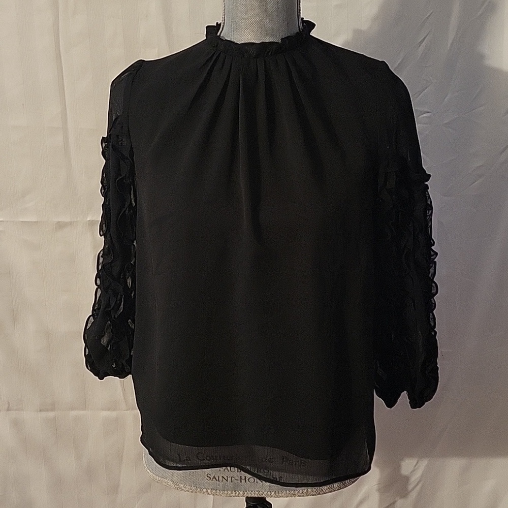 CeCe Womens Black High Neck Ruffle-Sleeves Blouse, Size: S